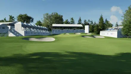 Detailed HD wallpaper featuring a golf course from the video game PGA TOUR 2K25, showcasing lush greens, sand traps, and spectator stands under a clear blue sky.