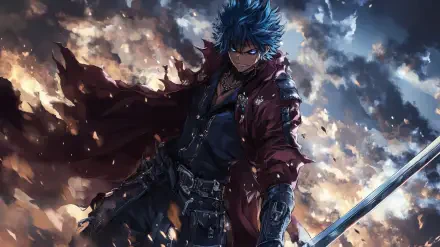 Anime boy in a dynamic pose, showcasing fierce determination. With striking blue hair and a dramatic cape, he wields a sword against a backdrop of tumultuous clouds. Perfect for a HD PC desktop wallpaper.