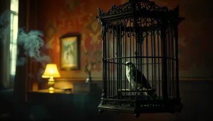 A detailed birdcage houses a perched bird, set against an atmospheric room with soft lighting and smoke, creating a captivating 4K Ultra HD desktop wallpaper.