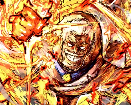 HD anime wallpaper featuring Monkey D. Garp from One Piece, surrounded by fiery explosions with intense, dynamic brush strokes.