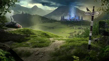 A stunning 4K Ultra HD wallpaper from the video game Atomfall, featuring a lush landscape with mountains, a mystical blue structure, and an intriguing signpost in a serene setting.