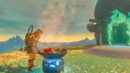 HD PC desktop wallpaper from The Legend of Zelda: Tears of the Kingdom, featuring Link cooking on a grill in a vibrant, open-world landscape at sunset.