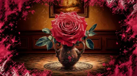 An enchanting red rose in an ornate vase, surrounded by lush green leaves. This stunning image serves as a vibrant 4K Ultra HD desktop wallpaper.