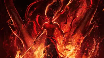 Nezha 2, 4K Ultra HD PC desktop wallpaper and background: fiery warrior with flaming hair and twin weapons, standing amid roaring inferno against a dark, smoky backdrop.