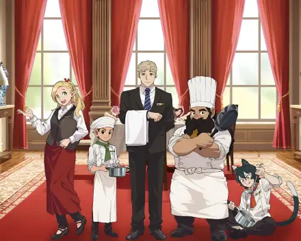 HD desktop wallpaper featuring anime characters from Delicious in Dungeon standing in a room with large windows and red curtains.