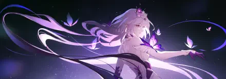 A stunning 4K Ultra HD wallpaper featuring Castorice from the video game Honkai: Star Rail, surrounded by ethereal butterflies against a dark, starry backdrop.