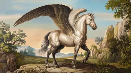 A majestic pegasus stands proud on rocky terrain, with expansive wings and a stunning backdrop of mountains and a serene sky in this 4K Ultra HD desktop wallpaper.