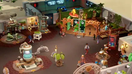 A vibrant scene from the video game Two Point Museum, showcasing a bustling exhibition space filled with diverse attractions and characters, presented as an HD PC desktop wallpaper.