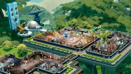 A vibrant HD wallpaper showcasing Two Point Museum, featuring various exhibit spaces and lush greenery, set in a whimsical video game environment.