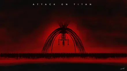 HD Attack on Titan desktop wallpaper featuring the silhouette of the Founding Titan against a dark red sky with ominous, dramatic tones.