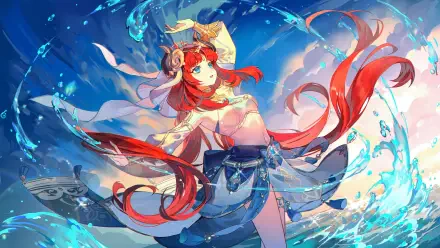 Genshin Impact character in vibrant red and blue attire, surrounded by swirling water and energy, captured in a dynamic 4K Ultra HD PC desktop wallpaper.