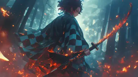 HD wallpaper featuring Tanjiro Kamado from Demon Slayer: Kimetsu no Yaiba, surrounded by flames and a forest backdrop, showcasing a dynamic anime aesthetic.