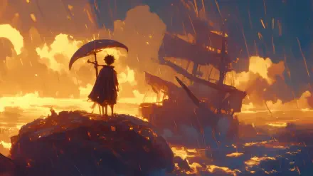 A vibrant HD wallpaper featuring Monkey D. Luffy from One Piece, standing under an umbrella amidst a rain-soaked landscape, with a ship in the background against a colorful sunset.