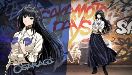 Anime-style 4K Ultra HD PC wallpaper featuring Osaragi from Sakamoto Days with graffiti background and bold text.