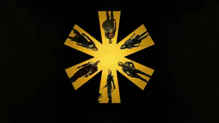 Thunderbolts* (2025) 8K Ultra HD PC desktop wallpaper: yellow starburst on black with seven silhouetted figures radiating from a central point.