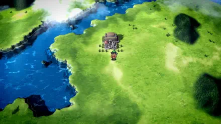 HD wallpaper showcasing a vibrant landscape from Suikoden I&II HD Remaster, featuring lush greenery and a tranquil river, capturing the essence of the Gate Rune and Dunan Unification Wars.