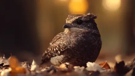A close-up of a Nightjar bird resting on earthy leaves, showcasing its intricate feathers and alert expression, set against a softly blurred, warm-toned background. Suitable as a HD desktop wallpaper.