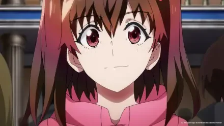 A vibrant HD desktop wallpaper featuring a character from A Returner's Magic Should Be Special, showcasing a smiling girl with striking red eyes and long brown hair.