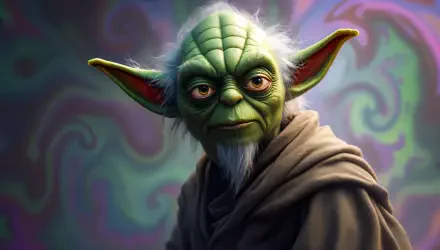 A detailed illustration of Yoda, featuring his iconic green skin and large ears, set against a colorful, abstract background, designed as a 4K Ultra HD PC desktop wallpaper.