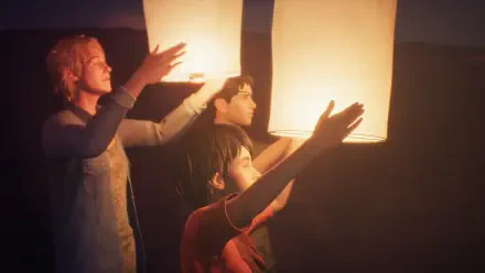 Three characters from the video game Life Is Strange 2 release glowing lanterns into the night sky, capturing a poignant moment of hope and connection. HD wallpaper for PC.