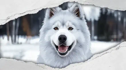 A smiling Samoyed dog with fluffy white fur stands against a snowy background, captured in this vibrant 4K Ultra HD desktop wallpaper.