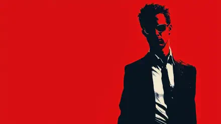 A bold HD desktop wallpaper featuring a character from the movie Fight Club, standing against a striking red background, exuding an intense and edgy vibe.