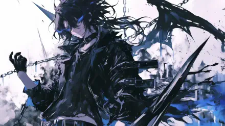 A striking HD desktop wallpaper featuring a gothic anime character with long, flowing hair, clad in a dark leather outfit, surrounded by dramatic chains and abstract backgrounds.