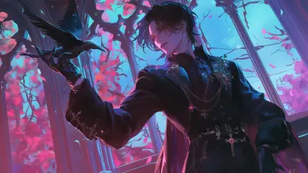 A gothic anime character in a dark outfit holds a raven amidst a backdrop of vibrant red leaves and ethereal blue light, creating a striking HD desktop wallpaper.