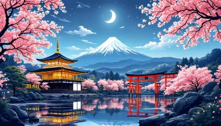 A serene nighttime scene in Kyoto features cherry blossoms, a traditional pagoda, and a torii gate reflected in calm waters, with Mount Fuji illuminated under a crescent moon.