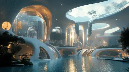 A stunning sci-fi scene featuring futuristic architecture with flowing water, illuminated structures, and lush greenery, presented as a 4K Ultra HD desktop wallpaper and background.