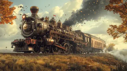 A stunning steam train chugs through a picturesque landscape, surrounded by vibrant autumn trees. This detailed 4K Ultra HD wallpaper captures the essence of nostalgic rail journeys.