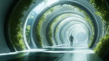 A futuristic sci-fi walkway features a figure walking through illuminated, circular passages adorned with lush greenery, creating a serene and otherworldly atmosphere in 4K Ultra HD.