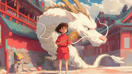 Chihiro stands in traditional attire next to the majestic white dragon from *Spirited Away*, set against a vibrant Studio Ghibli backdrop filled with rich colors and details.