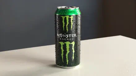 A sleek Monster Energy can, glistening with condensation, set against a neutral background, showcased as a 4K Ultra HD PC desktop wallpaper and background.