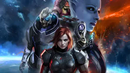 A stunning 4K Ultra HD wallpaper featuring iconic Mass Effect characters: Garrus Vakarian, Tali'Zorah, Urdnot Wrex, and a central figure in a striking cosmic backdrop.