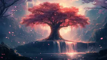 A stunning cherry blossom tree stands majestically by a serene river, with cascading waterfalls and a dreamy, ethereal ambiance—an enchanting HD desktop wallpaper.