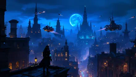 A stunning night view of a cityscape under a blue moon, featuring futuristic ships and illuminated buildings, captured in vibrant 4K Ultra HD.