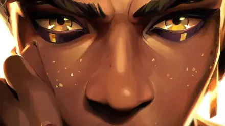 Close-up 4K Ultra HD PC wallpaper of Mel Medarda from the TV show Arcane, showcasing her intense golden eyes and detailed facial features.