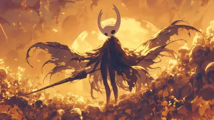 A captivating HD wallpaper from the video game Hollow Knight, featuring a mysterious figure with wings against a glowing, golden background filled with intricate details.