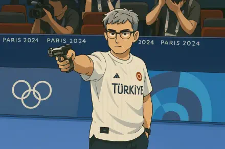 An animated character in a white shirt with TÜRKİYE stands confidently holding a gun, set against a backdrop of the Paris 2024 Olympics. Studio Ghibli-inspired meme.