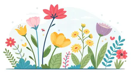 Illustration of colorful spring flowers and green leaves in a garden, designed as a vibrant 4K Ultra HD PC desktop wallpaper background.