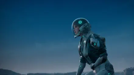 A futuristic character in a sleek, armored suit stands against a twilight sky, showcasing stunning visuals from the video game The First Descendant in 4K Ultra HD.