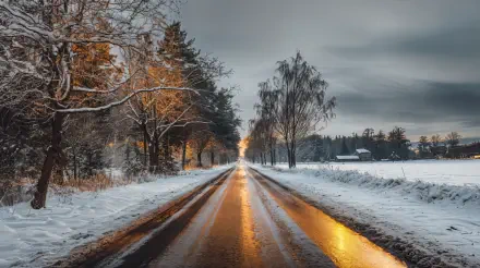 A snowy road stretches through a winter landscape lined with trees under a moody sky, captured in 4K Ultra HD for a stunning PC desktop wallpaper.