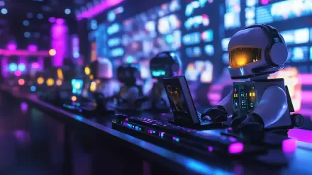 A vibrant HD wallpaper featuring robotic characters gaming in a dimly lit arena, surrounded by screens, capturing the essence of Roblox and digital gaming culture.
