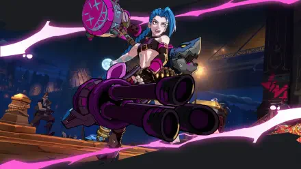 A colorful 4K Ultra HD desktop wallpaper featuring Jinx from League of Legends, holding a large weapon and striking a playful pose against a vibrant, action-filled background.