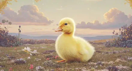 A cute duckling sits among wildflowers in a serene spring landscape, captured in vivid 4K Ultra HD for a striking nature and wildlife desktop wallpaper.