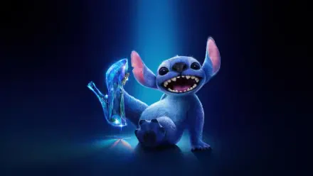 Colorful 8K Ultra HD wallpaper featuring Stitch from Lilo & Stitch (2025), playfully posing with a sparkling shoe against a vibrant blue backdrop.