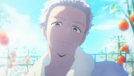 HD anime wallpaper featuring Hajime Umemiya from Wind Breaker against a bright, sunny sky with floating oranges in the background.