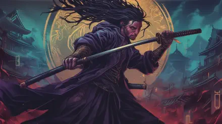 A dynamic samurai wields a katana, set against a dramatic backdrop of a glowing moon and traditional architecture, creating an engaging HD PC desktop wallpaper.