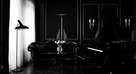 A sleek black aesthetic interior featuring a grand piano, an elegant couch, a vase of white flowers, and stylish lighting, captured in stunning 4K Ultra HD. Perfect for a desktop background.